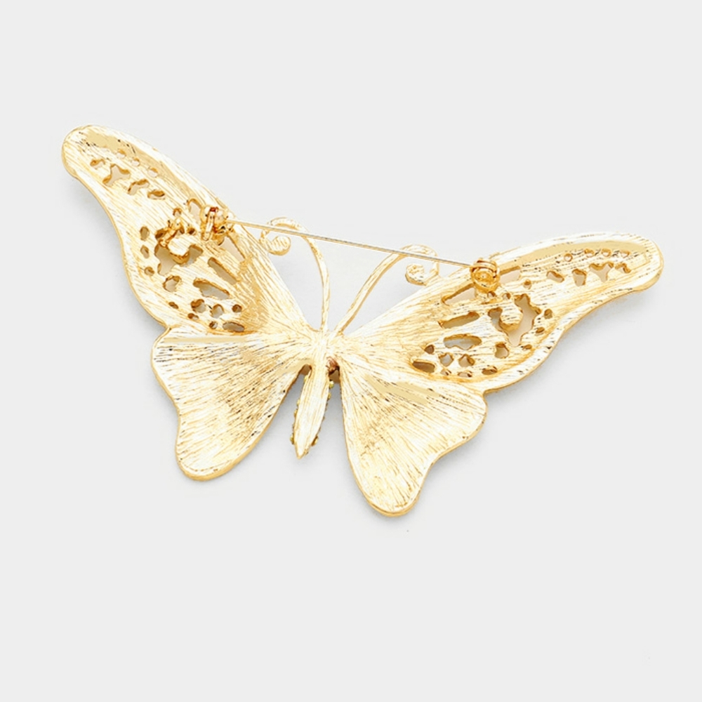 Gold & Black Crystal Butterfly Brooch Pendant Pin Statement Fashion Jewelry - Picture 2 of 2